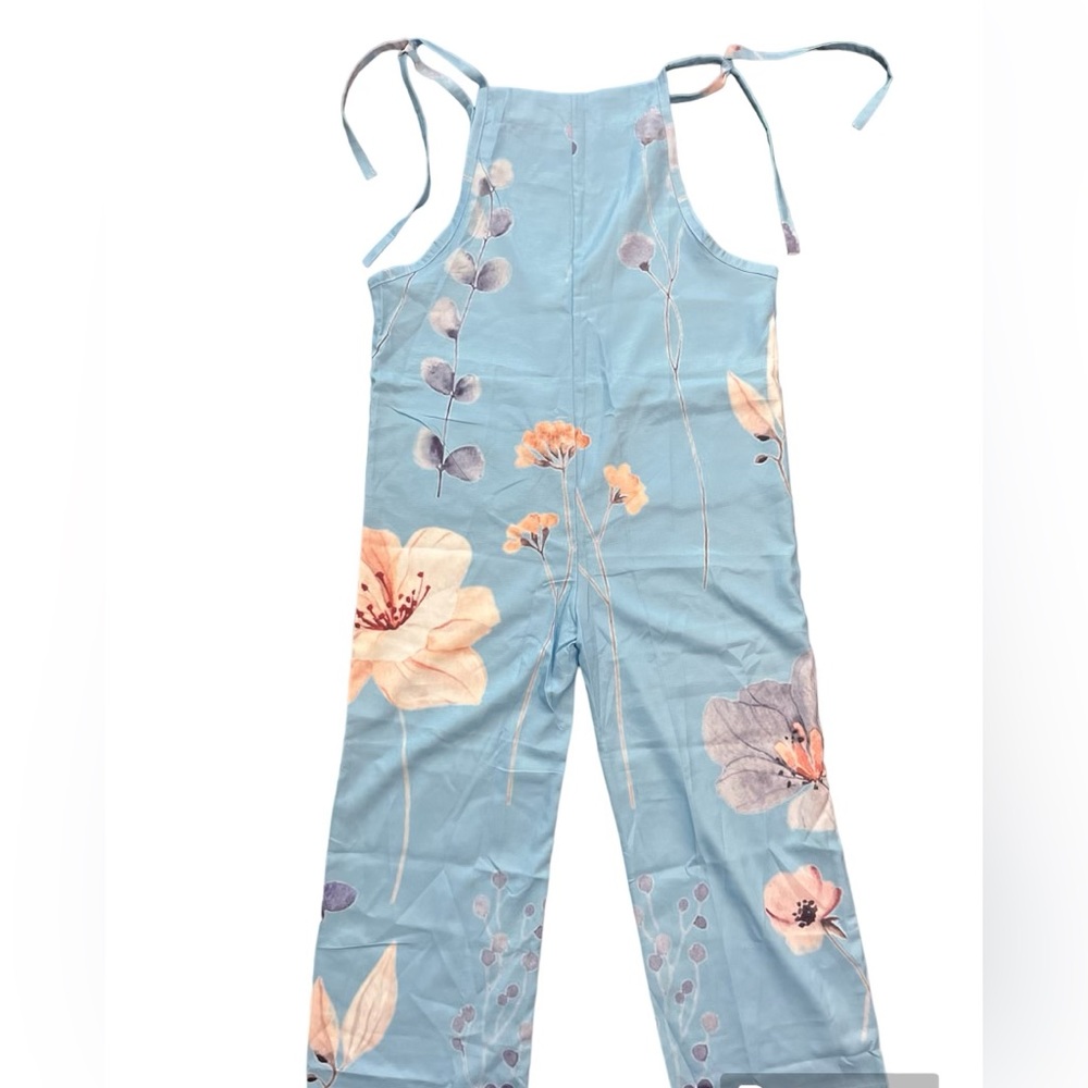 Baby Blue Linen White Floral Print Tie Straps Romper Jumpsuit Overall